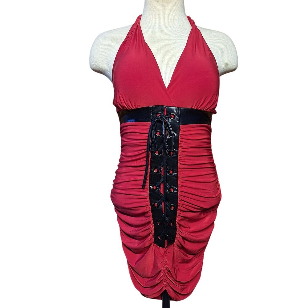 Y2K Glam ruched halter dress red lace up corset sexy club date night sleaze